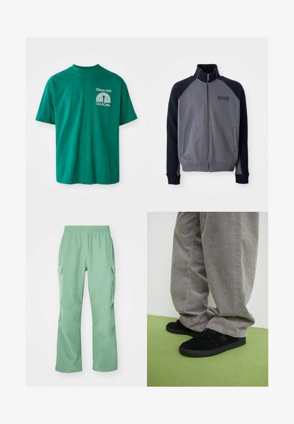 Chaqueta de cremallera gris y negra con cuello alto, dos bolsillos frontales y el logo "Dickies Workwear Company" en el pecho.; Camiseta de algodón verde con escote redondo. Presenta un estampado gráfico en blanco que dice "Ellesse 1959 Club di Corsa" en el lado izquierdo del pecho.; Pantalones cargo verde claro con cintura elástica, elaborados en una tela suave, que cuentan con dos bolsillos laterales y un corte recto.; Zapatillas de skate de ante negro con un acabado texturizado y un logo, combinadas con pantalones de pana gris con una textura acanalada. Superficie del suelo en verde.
