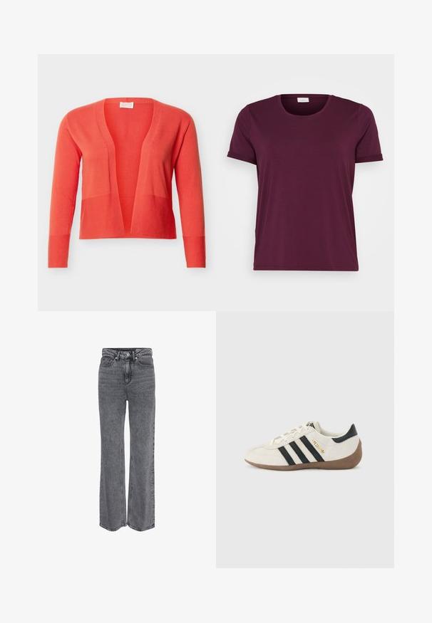Åben, koralfarvet strikket cardigan med lange ærmer og ribbede manchetter, vist på en ensfarvet lys baggrund.; Maronfarvet kortærmet t-shirt lavet af blødt stof, med rund halsudskæring og opsmøgede ærmer, samt en glat overflade og afslappet pasform.; Grå denimjeans i høj talje og med lige ben, med frontknap, lynlåslukning og klassisk design med fem lommer.; Hvid Adidas-sneaker med sorte striber, brun tekstureret sål og "SPEZIAL" i guldbogstaver på siden, set fra ydersiden.