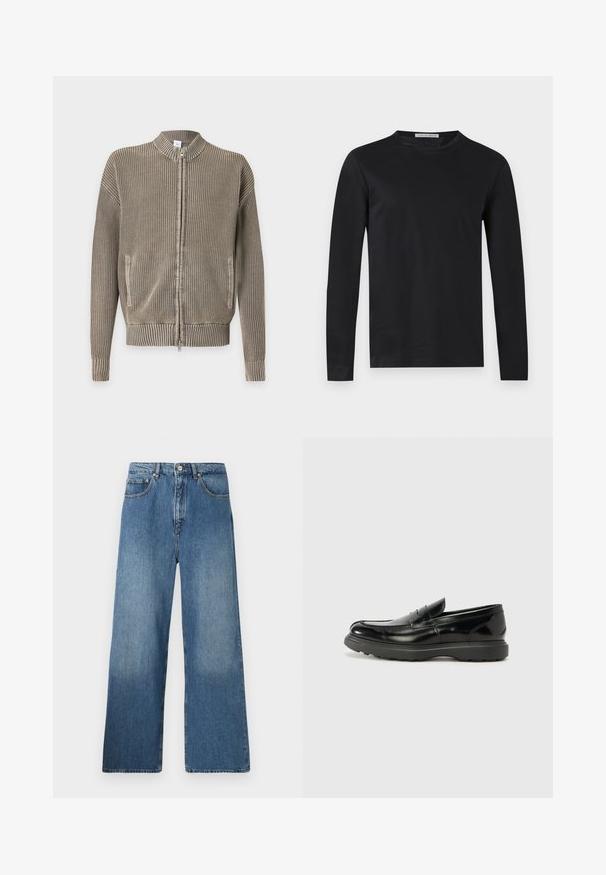 Beige strikket lynlåstrøje med ribbet krave, manchetter og kant, med forlommer og et tekstureret vertikalt mønster.; Sort langærmet t-shirt med rund hals, slank pasform og en lille "Tiger of Sweden" label inde i halsudskæringen.; Bredde ben blå denim jeans med et klassisk fem-lomme design, frontlukning med knap og let falming for tekstur.; Sort læderloafer med en blank finish, rund tå, subtile syninger og en tyk gummisål for holdbarhed.