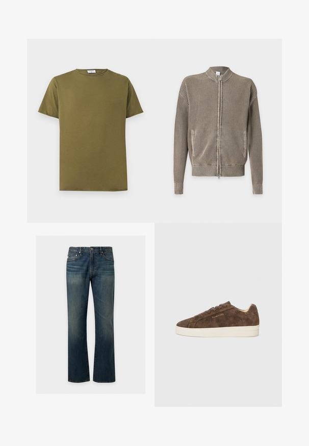 Beige knitted zip-up sweater with ribbed collar, cuffs, and hem, featuring front pockets and a textured vertical pattern.; Plain olive green short-sleeve cotton T-shirt with round neckline and visible white brand label inside collar.; Blue straight-leg denim jeans with five pockets and subtle faded details on thighs and knees, displayed against a plain background.; Brown suede sneaker with a low profile, rounded toe, and white rubber outsole. Features dark laces and subtle branding on the side.