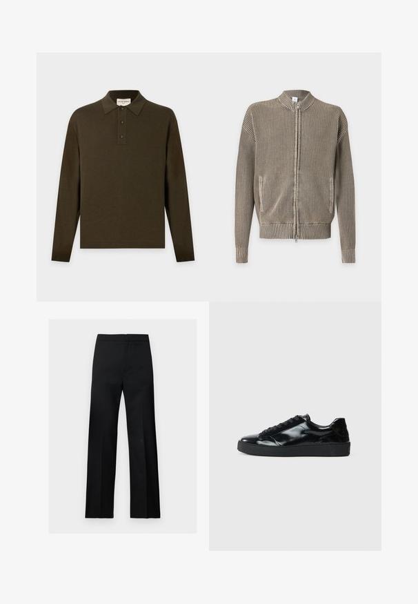 Pull beige en maille zippé avec col, poignets et bas côtelés, comprenant des poches avant et un motif vertical texturé.; Polo manches longues vert foncé avec patte de boutonnage trois boutons et col classique, présenté à plat sur un fond clair.; Pantalon formel noir à jambes droites, taille haute, au design épuré et minimaliste, présenté sur un fond clair uni.; Baskets en cuir verni noir avec un bout arrondi, un laçage, une semelle en caoutchouc texturé et une finition lisse.