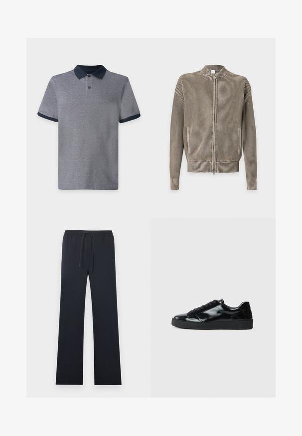 Pull beige en maille zippé avec col, poignets et bas côtelés, comprenant des poches avant et un motif vertical texturé.; Polo gris à manches courtes avec col et bords de manches bleu marine foncé, doté de deux boutons et d’un petit logo sur la poitrine sur un fond uni.; Pantalon noir droit avec taille élastique et cordon de serrage ajustable, doté de poches latérales à fermeture éclair.; Baskets en cuir verni noir avec un bout arrondi, un laçage, une semelle en caoutchouc texturé et une finition lisse.