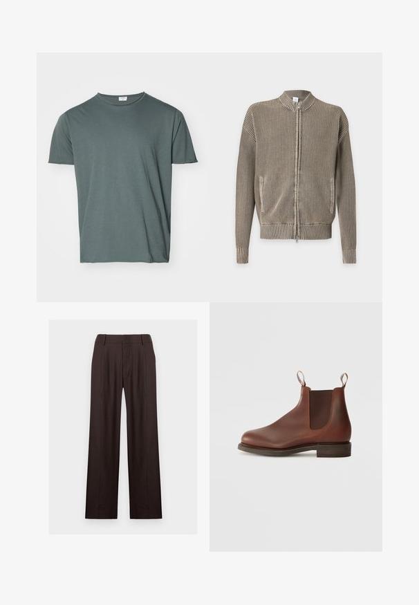 Pull beige en maille zippé avec col, poignets et bas côtelés, comprenant des poches avant et un motif vertical texturé.; T-shirt à col rond vert foncé, à manches courtes, en tissu doux, coupe décontractée, texture lisse, sans motifs ni accents visibles.; Pantalon droit marron foncé pour femme avec passants pour ceinture et fermeture éclair à l'avant, présenté sur un fond clair uni.; Botte Chelsea en cuir marron avec panneaux élastiques sur les côtés, une languette à l'arrière et un petit talon empilé. Texture lisse avec bout arrondi et un design minimaliste.