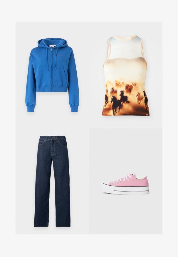 Blauer, kurz geschnittener Zip-up-Hoodie mit vorderer Bauchtasche, Kordelzugkapuze, gerippten Bündchen und dezentem Logo auf der linken Brust.; Ärmelloses Tanktop mit einem Druck von laufenden Pferden in Braun- und Cremetönen, hergestellt aus glattem Stoff mit einem runden Halsausschnitt und taillierter Passform.; Dunkelblaue gerade geschnittene Jeans mit Knopfleistevorn, Reißverschluss und Fünf-Taschen-Stil auf weißem Hintergrund.; Rosa Leinenschuhe mit klassischem Niedrigprofil, weißer Gummi-Zehenkappe und schwarzen Akzentstreifen an der Sohle. Flache weiße Schnürsenkel.