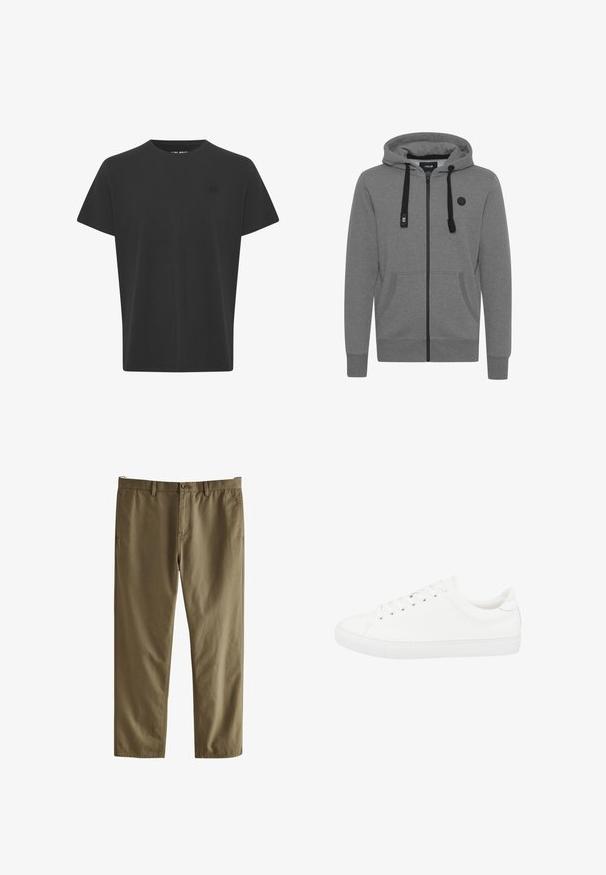 Sudadera gris con cremallera, cuenta con capucha ajustable con cordones, dos bolsillos frontales y un parche de logo redondo en el pecho. Material de algodón suave, diseño informal.; Camiseta negra de manga corta en tejido de algodón. Presenta un cuello redondo y un pequeño logo en la esquina superior izquierda, con una textura suave.; Chinos caqui con diseño de pierna recta, hechos de una mezcla de algodón. Cuenta con cierre frontal de botón y bolsillos laterales. Textura suave.; Zapatilla blanca de corte bajo con cierre de cordones, parte superior de cuero liso y suela de goma, vista de lado sobre un fondo blanco.