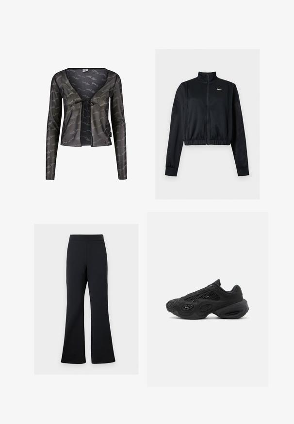 Čierna krátka bunda na zips s dlhým rukávom, vysokým golierom a bielym logom Nike Swoosh na ľavej strane hrude.; Čierny priesvitný kardigán s dlhými rukávmi, hlbokým V-výstrihom, viazaním a celoplošným vzorom loga "Karl Kani".; Čierne rozšírené nohavice vyrobené z mäkkej látky s elastickým pásom a diskrétnym bočným vreckom, s hladkou textúrou a minimalistickým dizajnom.; Čierna športová teniska s sieťovanými panelmi, hrubou polstrovanou podrážkou a malým logom swoosh na boku, odfotená na jednoduchom pozadí.