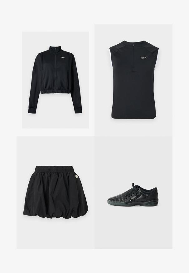 Chaqueta negra corta con cremallera, mangas largas, cuello alto y logo blanco de Nike Swoosh en el pecho izquierdo.; Top deportivo sin mangas negro con cuello alto, con un pequeño logo blanco de Nike en el pecho y detalles blancos contrastantes en las sisas.; Minifalda negra de Nike con cintura elástica y dobladillo fruncido, con pequeño logotipo blanco de Nike en el lado derecho.; Zapatilla deportiva de cuero negro con un diseño acolchado, punta redondeada, cordones en la parte delantera y suela de goma. Presenta un sutil logotipo en el lateral.