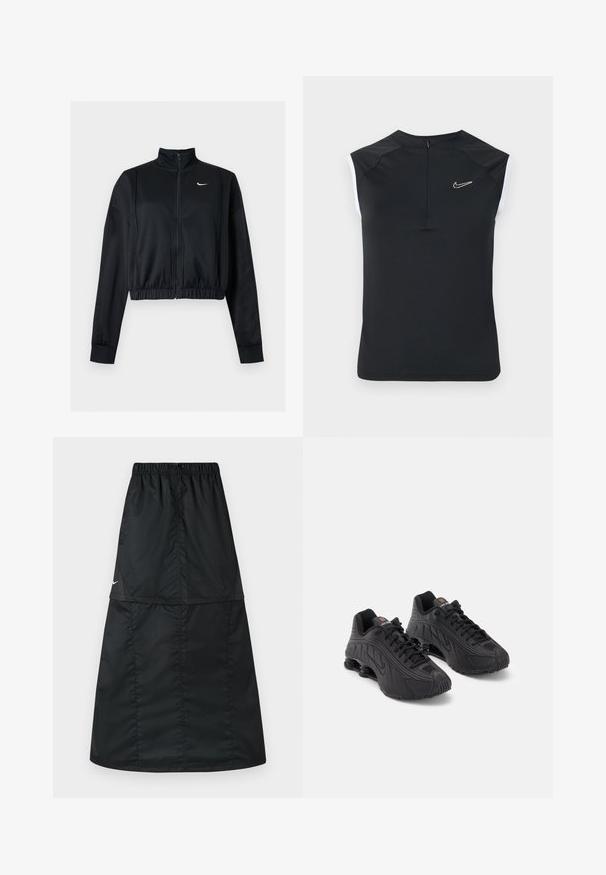 Sort cropped jakke med lynlås, lange ærmer, høj krave og hvid Nike swoosh-logo på venstre bryst.; Sort ærmeløs træningstop med høj krave, der har et lille hvidt Nike-logo på brystet og kontrasterende hvide detaljer på ærmegabene.; Sort atletisk nederdel lavet af let, glat nylonstof. Har elastisk taljebånd og et enkelt, langt, A-formet design.; Sorte atletiske sko med en glat syntetisk overdel, teksturerede detaljer, snørebåndsdesign og synlig fjederaffjedring ved hælen.
