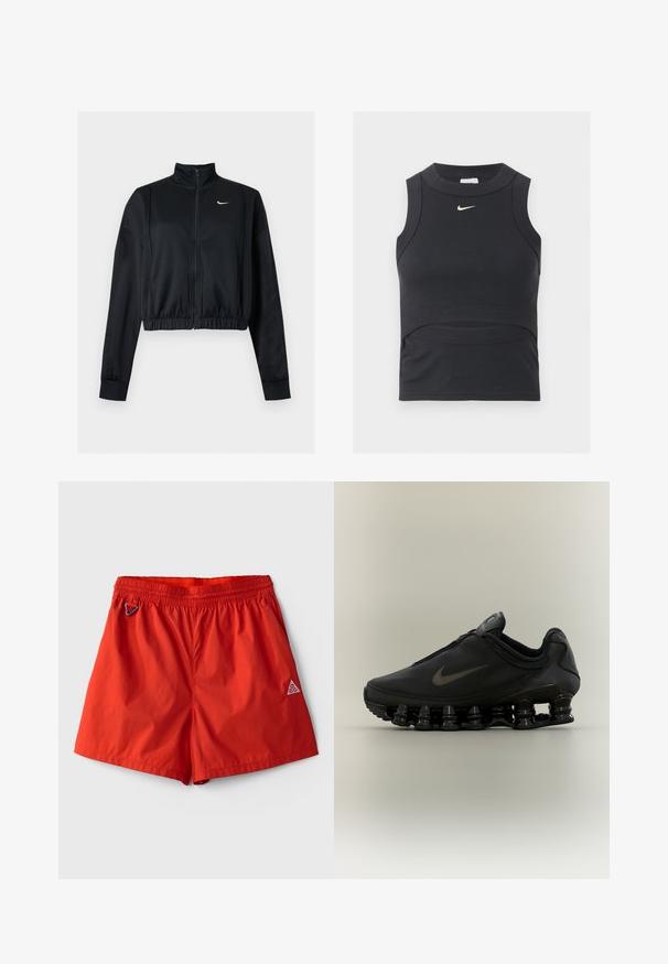 Mustast pikast varrukast lühike lukuga jakk kõrge kraega ja valge Nike Swoosh logo vasakul rinnal.; Mustast lõhikuga sportlik varrukateta top soonilise tekstuuri ja valge Nike swoosh-logoga rinnal.; Erkpunased spordipüksid elastse vöökohaga, küljetaskud, vasakul väike karabiinhaak ja paremal jalal ACG logo.; Must Nike tennisejalats lukuga pealisega ja iseloomuliku kevadise jaotusega tallaga, nähtud küljelt neutraalsel taustal.