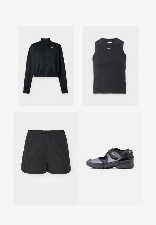 Mustast pikast varrukast lühike lukuga jakk kõrge kraega ja valge Nike Swoosh logo vasakul rinnal.; Mustast lõhikuga sportlik varrukateta top soonilise tekstuuri ja valge Nike swoosh-logoga rinnal.; Mustad mustad lühikesed püksid, mis on valmistatud kergest materjalist, elastse vöökaare ja paelaga, külgtaskud ja väike logoaktsent.; Mustad musta Nike Air tossud, läikiva pinnaga, reguleeritavad Velcro rihmad ja külgedel lõikekujundus, külgvaade lihtsal taustal.