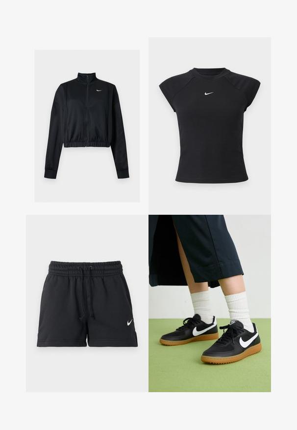 Čierna krátka bunda na zips s dlhým rukávom, vysokým golierom a bielym logom Nike Swoosh na ľavej strane hrude.; Čierny top s krátkym rukávom so žíhanou textúrou, okrúhlym výstrihom a malým bielym logom Nike na hrudi.; Čierne športové šortky Nike s elastickým pásom, šnúrkou, bočnými vreckami a bielym logom Swoosh na ľavej nohe.; Čierne kožené a syntetické tenisky so bielym logom Nike, gumenou podrážkou, okrúhlou špičkou a čiernymi šnúrkami. Viditeľné biele pruhované ponožky.