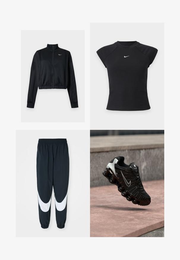 Čierna krátka bunda na zips s dlhým rukávom, vysokým golierom a bielym logom Nike Swoosh na ľavej strane hrude.; Čierny top s krátkym rukávom so žíhanou textúrou, okrúhlym výstrihom a malým bielym logom Nike na hrudi.; Čierne teplákové nohavice s bielymi zakrivenými panelmi, elastickým pásom a zhromaždenými manžetami, vyrobené z ľahkej látky a vo voľnom strihu.; Čierna športová obuv s textúrovaným sieťovinovým zvrškom, striebornými akcentmi a hrubou, lesklou čiernou podrážkou so zaoblenými prvkami tlmiacimi nárazy.