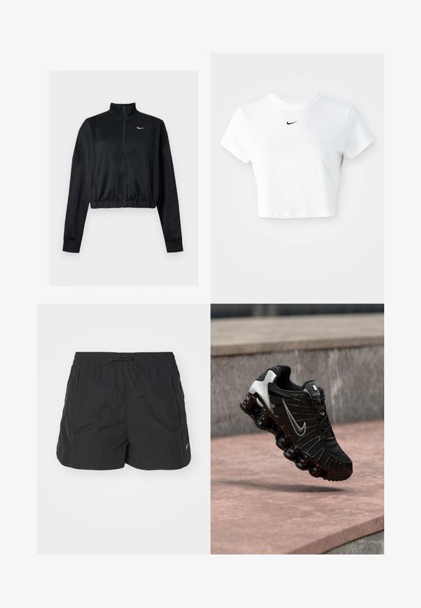 Mustast pikast varrukast lühike lukuga jakk kõrge kraega ja valge Nike Swoosh logo vasakul rinnal.; Valge lühikeste varrukatega puuvillane lühike t-särk ümarate kaelustega, millel on rinna peal must Nike logo.; Mustad mustad lühikesed püksid, mis on valmistatud kergest materjalist, elastse vöökaare ja paelaga, külgtaskud ja väike logoaktsent.; Must sportlik king, millel on tekstuuriga võrgust ülemine osa, hõbedased detailid ja paks, läikiv must tald, millel on ümarad pehmenduselemendid.