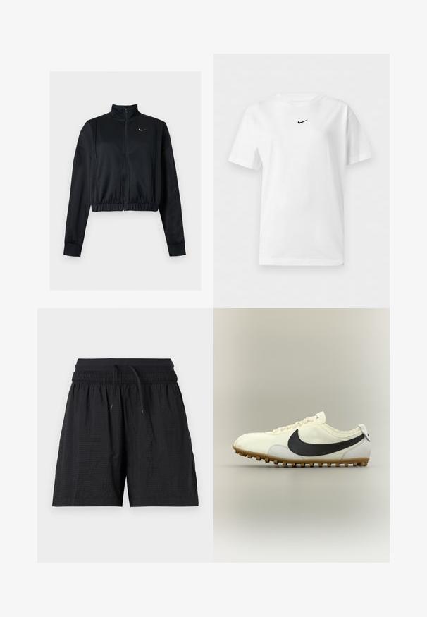 Veste noire courte à manches longues, fermeture éclair, col montant et logo blanc Nike Swoosh sur la poitrine gauche.; T-shirt blanc manches courtes à col rond avec un petit logo noir Nike Swoosh centré près du col.; Short de sport noir texturé avec taille élastique, cordon ajustable et poches latérales, présenté sur un fond blanc.; Chaussure de sport basse blanche avec le Swoosh Nike noir, semelle en gomme et lacets blancs, présentée sur un fond neutre en vue latérale.