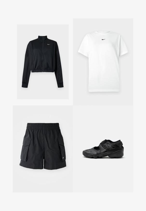Sort cropped jakke med lynlås, lange ærmer, høj krave og hvid Nike swoosh-logo på venstre bryst.; Hvid kortærmet T-shirt med rund hals, prydet med et lille sort Nike swoosh-logo centreret under halsudskæringen.; Sorte cargo shorts lavet af let stof, med en elastisk talje, to sidelommer og et lille hvidt logo på kanten.; Sort atletisk sandal med lukket tå, velcro stropper ved mellemfoden og hælen samt tyk polstret sål markeret med "AIR" på siden.