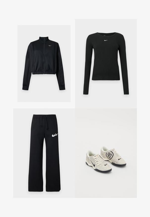 Sort cropped jakke med lynlås, lange ærmer, høj krave og hvid Nike swoosh-logo på venstre bryst.; Sort, langærmet tætsiddende top lavet af ribbet stof, med rund halsudskæring og et diskret hvidt Nike-logo på brystet.; Sorte joggingbukser i blødt materiale med elastisk taljebånd og snøre samt et hvidt Nike-logo på venstre side.; Nike sneakers med en beige og grå tekstureret overdel, sorte accenter, et stort "90" logo og en hvid snørebåndslukning. Sort sål.