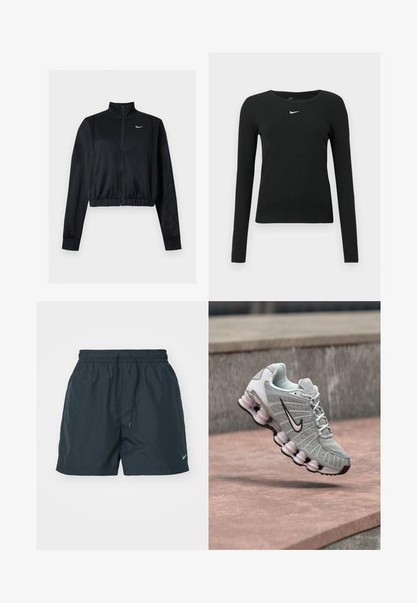 Čierna krátka bunda na zips s dlhým rukávom, vysokým golierom a bielym logom Nike Swoosh na ľavej strane hrude.; Čierne priliehavé tričko s dlhým rukávom z rebrovanej látky, s okrúhlym výstrihom a jemným bielym logom Nike na hrudi.; Tmavomodré šortky s elastickým pásom, šnúrkou na stiahnutie a bočnými vreckami. Na dolnej ľavej nohe je biele logo Nike. Ľahký materiál.; Svetlosivá teniska Nike s čiernym logom Swoosh, bielymi šnúrkami a charakteristickou pružnou podrážkou, zobrazená vznášajúca sa nad kamenným povrchom.