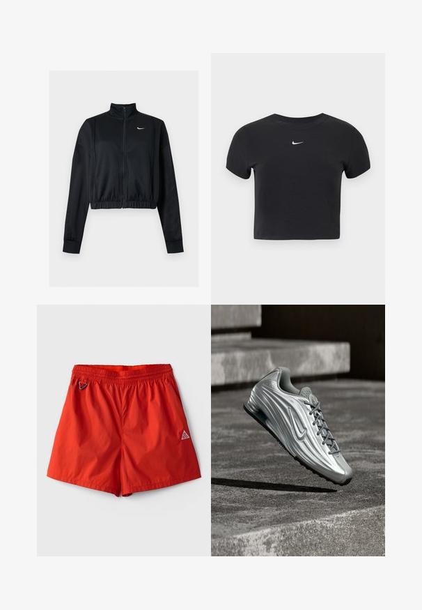 Mustast pikast varrukast lühike lukuga jakk kõrge kraega ja valge Nike Swoosh logo vasakul rinnal.; Mustast puuvillast lühendatud T-särk, kus on ümarlõikeline kaelus ja lühikesed varrukad. Rinnal on silmatorkav valge Nike logo.; Erkpunased spordipüksid elastse vöökohaga, küljetaskud, vasakul väike karabiinhaak ja paremal jalal ACG logo.; Hõbedane Nike toss, millel on tekstuuriga küljes disain ja hallid paelad, hõljumas betoonastmete kohal summutatud õues keskkonnas.