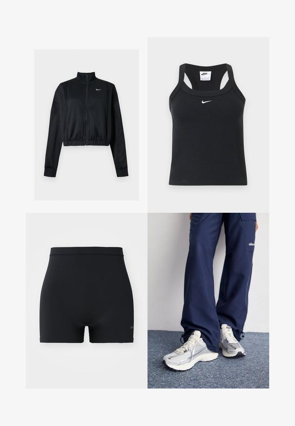 Mustast pikast varrukast lühike lukuga jakk kõrge kraega ja valge Nike Swoosh logo vasakul rinnal.; Mustast Nike'lt ribadega racerback lõikega topp valge Nike swoosh logoga, mis asub kaeluse all keskel.; Must mustad mustreid, elastne mustad spordilühikesed, millel on keskmise kõrgusega vöökoht ja väike Nike logo vasakul küljel.; Nike spordijalatsid hõbedase võrkkanga ülaosaga, valgete aktsentidega ja tekstuuriga tallad, koos laia lõikega tumesiniste pükstega.