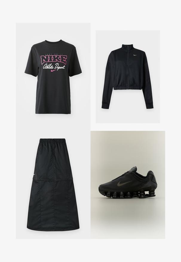 Schwarze, kurz geschnittene Jacke mit Reißverschluss, langen Ärmeln, hohem Kragen und weißem Nike Swoosh-Logo auf der linken Brust.; Schwarzes Baumwoll-T-Shirt mit einem grafischen Druck in Pink und Weiß, mit dem Text "JUST DO IT", "NIKE" und "Athletic Depart." Standardpassform.; Schwarzer sportlicher Rock aus leichtem, glattem Nylonstoff. Verfügt über einen elastischen Bund und ein schlichtes, langes, A-förmiges Design.; Schwarzer Nike-Sneaker mit einem Reißverschluss am Obermaterial und markanter federähnlich segmentierter Sohle, im Seitenprofil vor neutralem Hintergrund dargestellt.