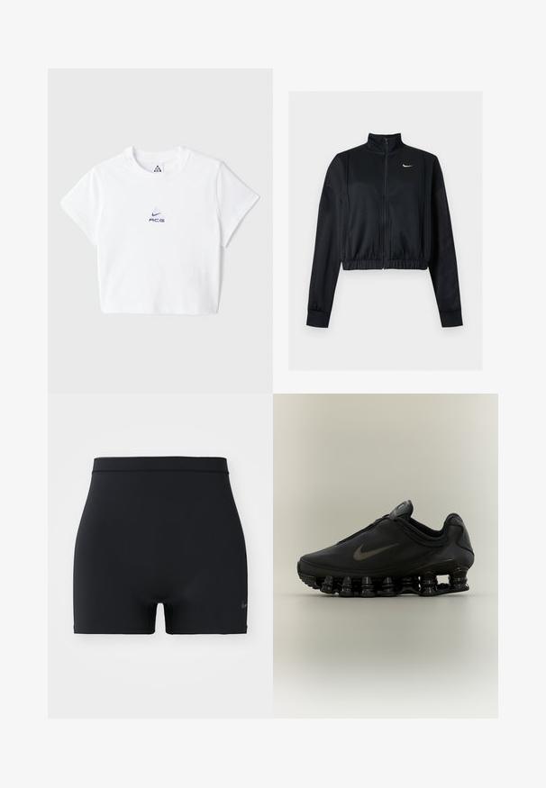 Mustast pikast varrukast lühike lukuga jakk kõrge kraega ja valge Nike Swoosh logo vasakul rinnal.; Valge lühikeste varrukatega t-särk, mis on valmistatud puuvillast, sisaldab rinnal väikest sinist tikandlogot ja klassikalist ümmargust kaelust.; Must mustad mustreid, elastne mustad spordilühikesed, millel on keskmise kõrgusega vöökoht ja väike Nike logo vasakul küljel.; Must Nike tennisejalats lukuga pealisega ja iseloomuliku kevadise jaotusega tallaga, nähtud küljelt neutraalsel taustal.