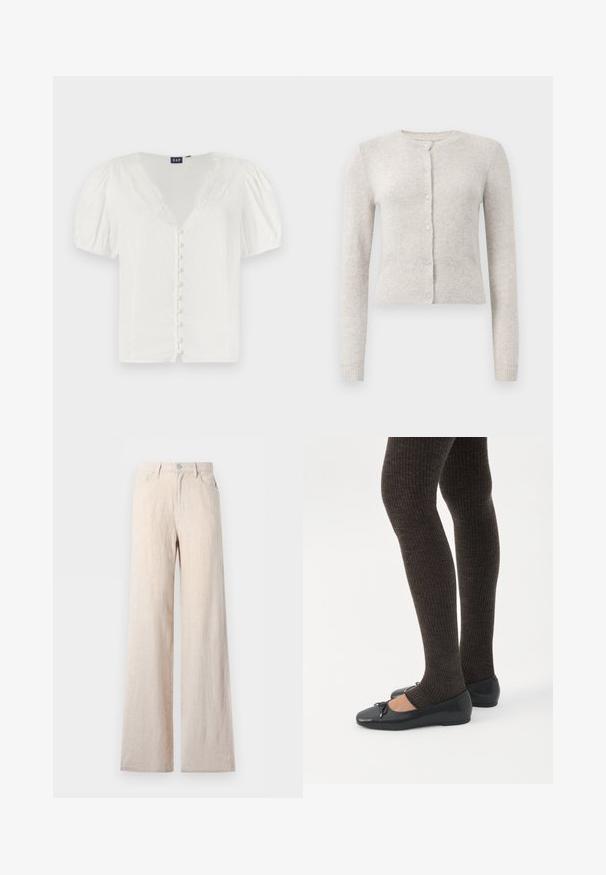 Lichtgrijze cardigan van zacht stof met een ronde hals, lange mouwen en vijf knopen met een gestructureerde afwerking. Gebreide zoom en manchetten.; Witte blouse met pofmouwen en een diepe V-halslijn met kantafwerking. Beschikt over een rij kleine knopen aan de voorkant. Gemaakt van een lichtgewicht stof.; Beige wijde broek met hoge taille, voorzijde met knoop en rits, voor- en achterzakken, weergegeven op een lichte achtergrond.; Benen met donkere geribbelde leggings gecombineerd met zwarte ballerina's met kleine strikdetails op een witte achtergrond.