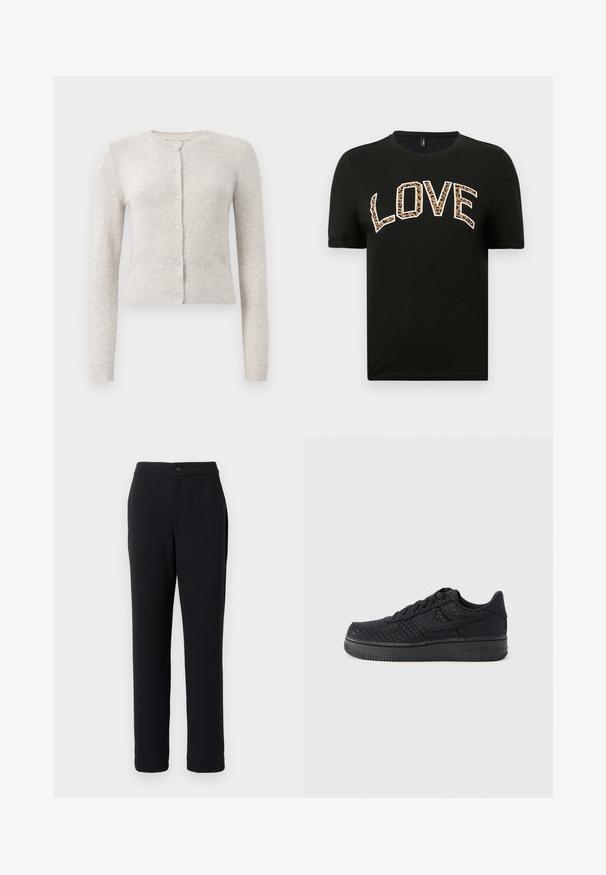 Cárdigan gris claro hecho de una tela suave, con cuello redondo, mangas largas y cinco botones que presentan un acabado texturizado. Dobladillo y puños de punto.; Camiseta negra de manga corta con cuello redondo que presenta la palabra "LOVE" en letras blancas y de estampado de leopardo.; Pantalones negros con un diseño de pierna recta, hechos de una tela suave. Cuentan con un cierre de botón en la parte delantera y bolsillos laterales.; Zapatilla negra con superficie de ante texturizado, diseño de corte bajo, puntera redonda, cierre con cordones y suela de goma con una sutil marca.