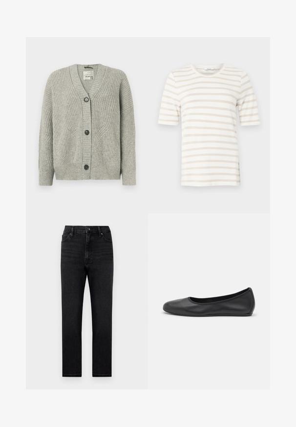 Cardigan en tricot gris avec un col en V, comportant cinq boutons foncés, des motifs texturés, ainsi que des poignets et un ourlet côtelés.; T-shirt beige à manches courtes avec des rayures horizontales blanches, col rond et étiquette au niveau du col sur un fond uni.; Jean en denim noir avec une coupe droite, taille haute et un design classique à cinq poches. Comprend des passants de ceinture et une fermeture à glissière.; Ballerines en cuir noir avec un bout rond, texture lisse, détails de couture minimalistes et design de semelle flexible.