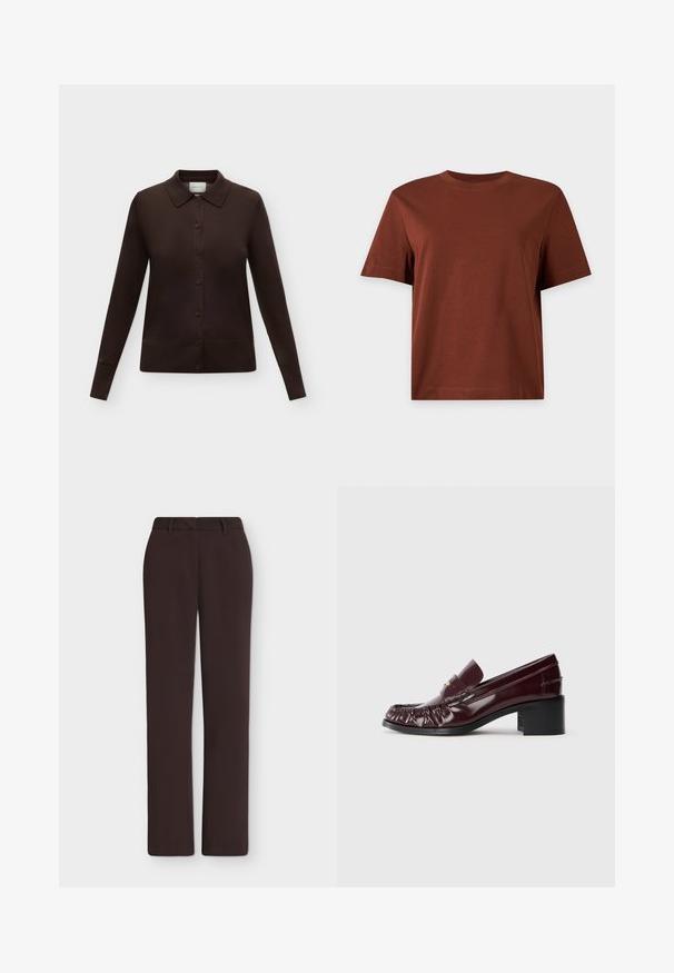 Cardigan boutonné marron foncé à manches longues avec col, poignets et ourlet côtelés, présenté sur un fond clair uni.; T-shirt marron uni en coton à manches courtes avec un col rond, présenté sur un fond gris clair.; Pantalon droit marron foncé avec passants de ceinture, braguette devant et poches latérales, présenté sur un fond blanc uni.; Mocassin en cuir bordeaux avec un bout arrondi, texture plissée à l'avant et un petit talon carré noir. Accent doré sur le dessus.