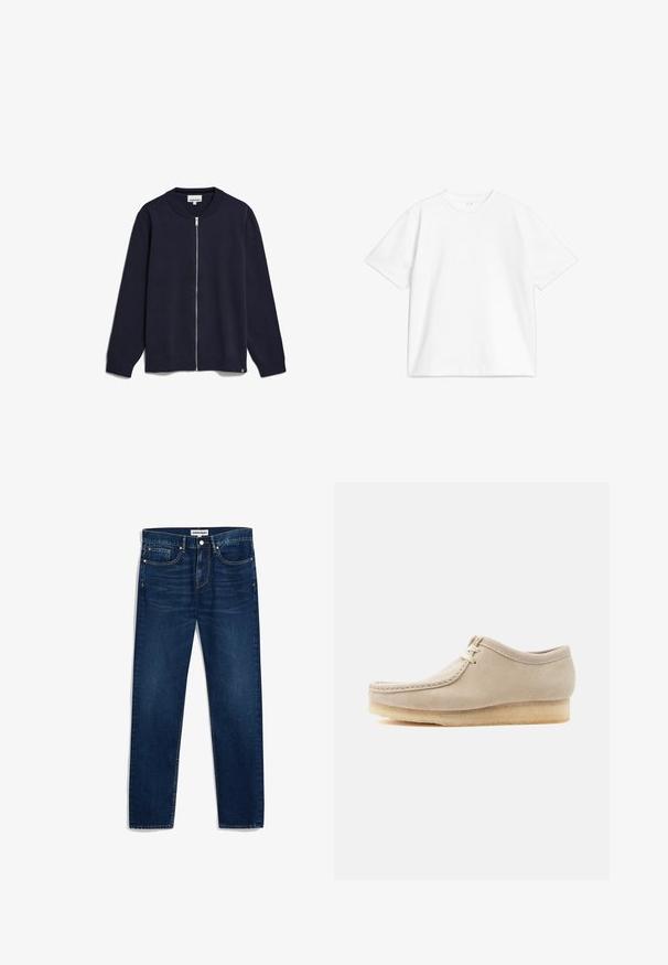 Navy-blaues Zip-Up-Strickjacke aus gestricktem Stoff, mit Rundhalsausschnitt, langen Ärmeln, gerippten Bündchen und Saum sowie einem kleinen Markenetikett an der Unterseite.; Weißes Baumwoll-T-Shirt mit rundem Ausschnitt, kurzen Ärmeln und lockerer Passform. Das Design ist schlicht und ohne Muster oder Akzente.; Dunkelblaue Jeans aus Denim mit geradem Schnitt, fünf Taschen und Kontrastnähten. Mit Knopfverschluss und Reißverschluss.; Beiger Wildleder-Schnürschuh mit Kreppsohle, Mokassin-ähnlicher Naht und niedrigem Knöcheldesign, freigestellt auf hellem Hintergrund.