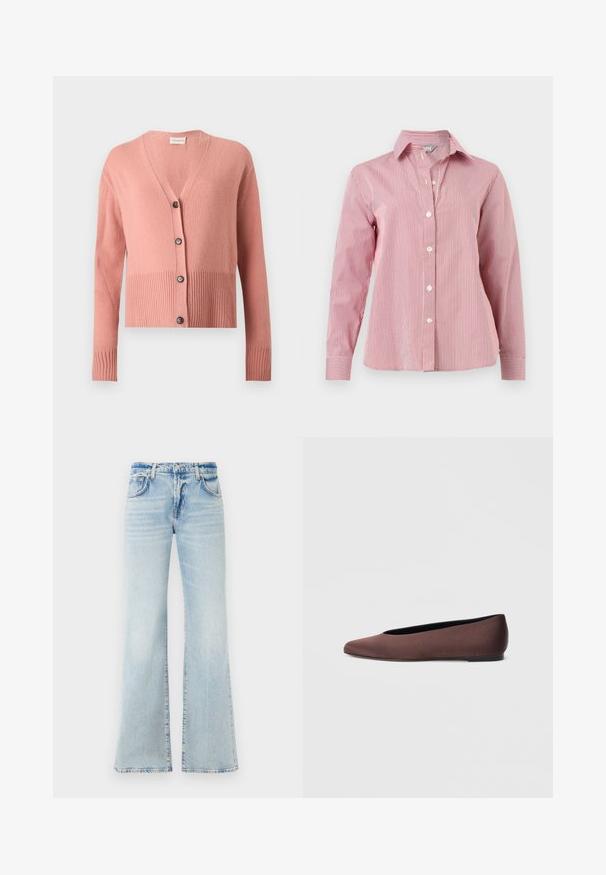 Pinker langärmeliger Strickcardigan mit V-Ausschnitt, geripptem Saum und Bündchen sowie vier schwarzen Knöpfen vorne.; Langärmliges, rot-weiß vertikal gestreiftes Hemd mit Knopfleiste, Kragen und Manschetten, flach auf einem weißen Hintergrund dargestellt.; Hellblaue, ausgestellte Jeans aus Denim mit weicher Textur, fünf Taschen und Knopfverschluss. Mit Verblassungen für einen getragenen Effekt.; Braune Ballettschuhe aus Stoff mit spitz zulaufender Spitze und glatter Textur, ausgestattet mit einem niedrigen Rückenteil und einer dünnen schwarzen Sohle. Keine sichtbaren Muster oder Verzierungen.