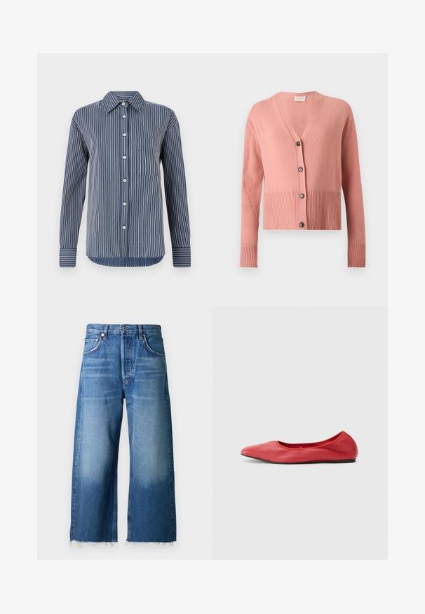 Cardigan rose à manches longues en tricot, encolure en V, ourlet et poignets côtelés, avec quatre boutons noirs sur le devant.; Chemise à boutons en rayures bleu marine et blanches, à manches longues, avec une poche poitrine unique et un col classique, fabriquée en tissu léger.; Jean en denim bleu clair à jambes larges avec un ourlet effiloché, conçu avec cinq poches et une fermeture à bouton à la taille.; Filippa K REY FLATS - Ballerines - bright red