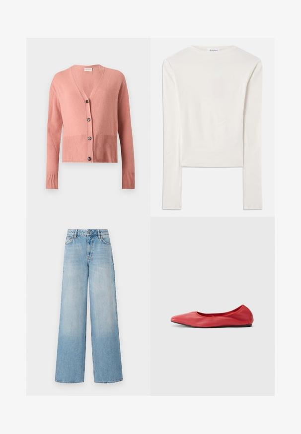 Roze gebreid vest met lange mouwen en V-hals, geribbelde zoom en manchetten en vier zwarte knopen aan de voorkant.; Witte lange mouw top van katoen, met een eenvoudige ronde hals en een slim fit. De stof is glad met een lichte stretch.; Lichtblauwe wijde jeans met een hoge taille, met vervaging bij de benen, riemlussen en een traditionele metalen knoop en ritssluiting.; Filippa K REY FLATS - Ballerina's - bright red