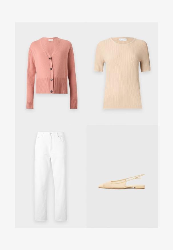 Cardigan rose à manches longues en tricot, encolure en V, ourlet et poignets côtelés, avec quatre boutons noirs sur le devant.; Haut en maille côtelé beige à manches courtes, col rond, coupe ajustée et étiquette "Tiger of Sweden" visible à l'intérieur du col.; Jean denim blanc à jambes droites avec poches avant, passants pour ceinture et fermeture par bouton, présenté sur un fond blanc uni.; Chaussure plate slingback en beige clair avec une tige en maille, un bout pointu et un petit talon. Dotée d'une sangle ajustable pour un bon maintien.