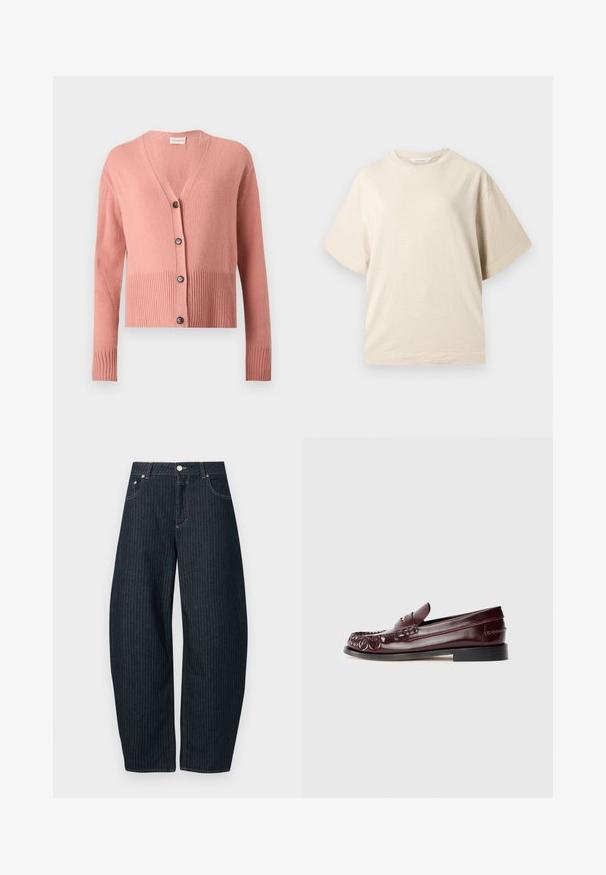 Cardigan rose à manches longues en tricot, encolure en V, ourlet et poignets côtelés, avec quatre boutons noirs sur le devant.; T-shirt beige à manches courtes et col rond avec une coupe décontractée et un design uni, présenté sur un fond neutre.; CLOSED JAZZIE - Jean boyfriend - dark blue; Mocassin penny en cuir bordeaux avec semelle noire et détail en métal doré sur le dessus, présenté en vue latérale sur fond blanc.