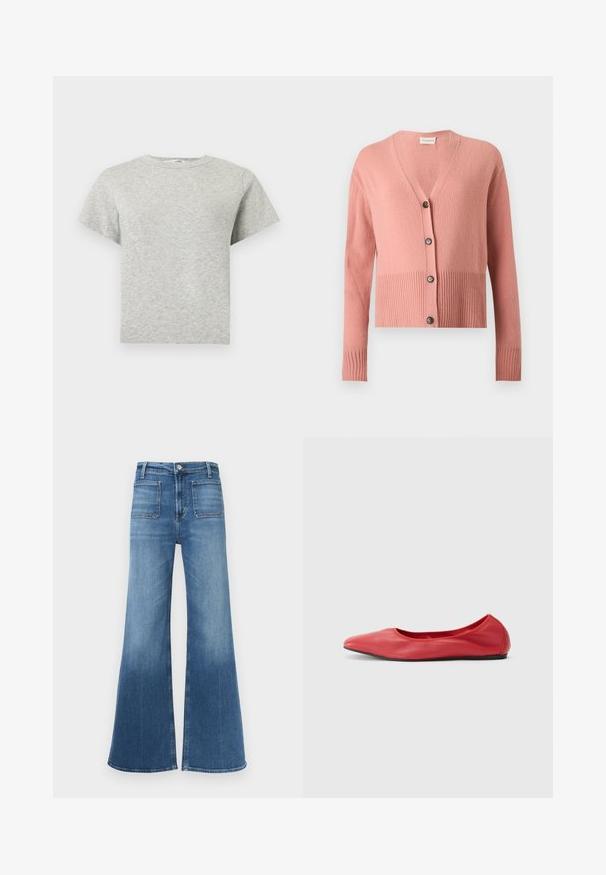 Cardigan rose à manches longues en tricot, encolure en V, ourlet et poignets côtelés, avec quatre boutons noirs sur le devant.; T-shirt gris clair à manches courtes, col rond, ourlet droit et tissu doux et texturé.; Jean en denim bleu évasé avec taille mi-haute, cinq poches et un délavage usé. Comporte des passants de ceinture et une fermeture à un bouton.; Filippa K REY FLATS - Ballerines - bright red