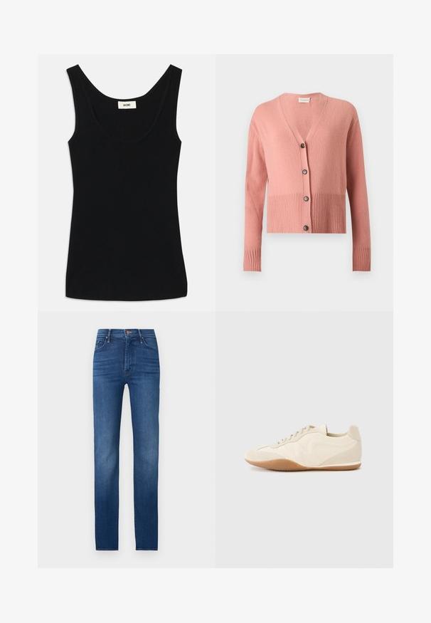 Pinker langärmeliger Strickcardigan mit V-Ausschnitt, geripptem Saum und Bündchen sowie vier schwarzen Knöpfen vorne.; Schwarzes Tanktop aus weichem Stoff mit Rundhalsausschnitt und breiten Schulterträgern. Es hat eine taillierte Form und ein sauberes, nahtloses Design.; Dunkelblaue Skinny-Jeans mit fünf Taschen und Knopfverschluss, vor einem schlichten hellen Hintergrund präsentiert.; Hellbeige Sneaker mit strukturiertem Lederupper, strukturierten seitlichen Einsätzen und einer Gummisohle. Verfügt über ein schlankes, stromlinienförmiges Design und flache Schnürsenkel.