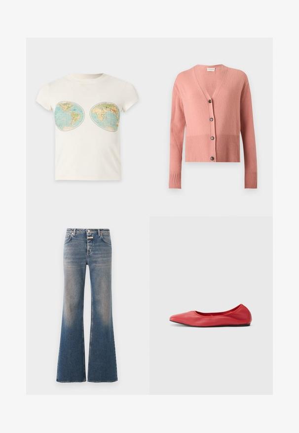 Cardigan rose à manches longues en tricot, encolure en V, ourlet et poignets côtelés, avec quatre boutons noirs sur le devant.; T-shirt blanc à manches courtes avec deux impressions de cartes du monde de style vintage placées sur la poitrine.; Jean en denim bleu délavé avec une taille haute, style classique cinq poches, fermeture par boutons et jambes évasées larges.; Filippa K REY FLATS - Ballerines - bright red