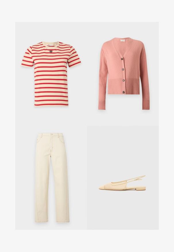 Cardigan rose à manches longues en tricot, encolure en V, ourlet et poignets côtelés, avec quatre boutons noirs sur le devant.; T-shirt beige à manches courtes avec des rayures rouges horizontales et un petit patch logo noir et blanc centré sous le col.; Jean crème taille haute à jambes droites avec coutures visibles, bouton frontal, fermeture éclair, et design à cinq poches sur un fond uni.; Chaussure plate slingback en beige clair avec une tige en maille, un bout pointu et un petit talon. Dotée d'une sangle ajustable pour un bon maintien.