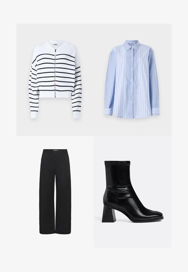 Pull crop blanc avec des rayures horizontales noires, texture côtelée, fermeture éclair à l'avant et encolure ronde. Présente des épaules tombantes et des poignets ajustés.; Chemise à manches longues rayée bleue et blanche en tissu léger, avec un col classique et une fermeture à boutons sur le devant.; Pantalon noir à jambes larges avec passants pour ceinture, fermeture par bouton et taille mi-haute, présenté sur fond blanc.; Bottine en cuir noir avec talon bloc carré et bout arrondi, vue latérale sur fond clair uni.