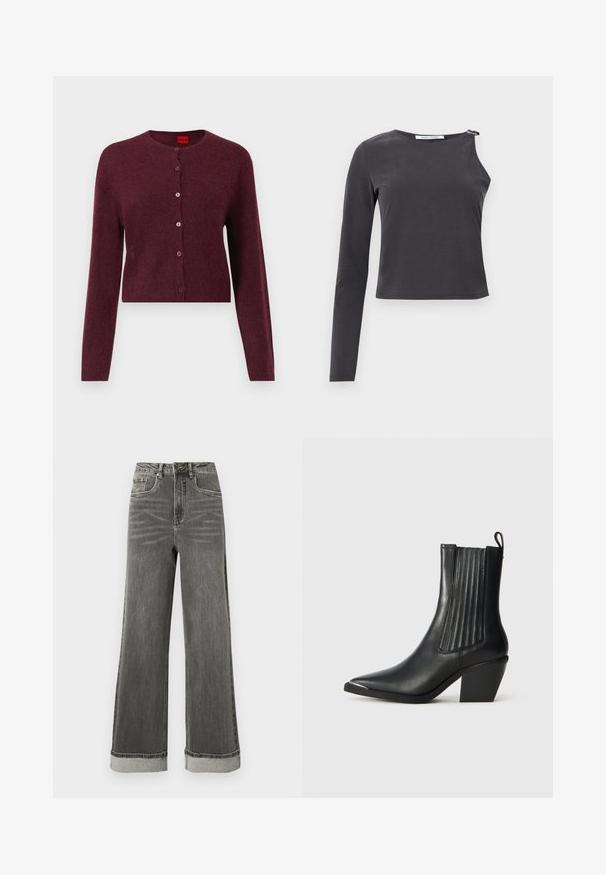 Bordeaux cropped cardigan lavet af blødt stof, med en rund halsudskæring og seks matchende knapper foran. Lange ærmer.; Sort asymmetrisk bluse med lange ærmer, hvor den ene side har et helt ærme, og den anden er ærmeløs med en lynlåsdetalje ved skulderen.; Grå denimjeans med vide ben, høj talje, fem lommer og opbukket kant. Stoffet har en let slidte struktur med synlige syninger.; Sort læder ankelstøvle med spids tå, ribbede sidepaneler og en kraftig hæl, placeret på en struktureret fliseoverflade.