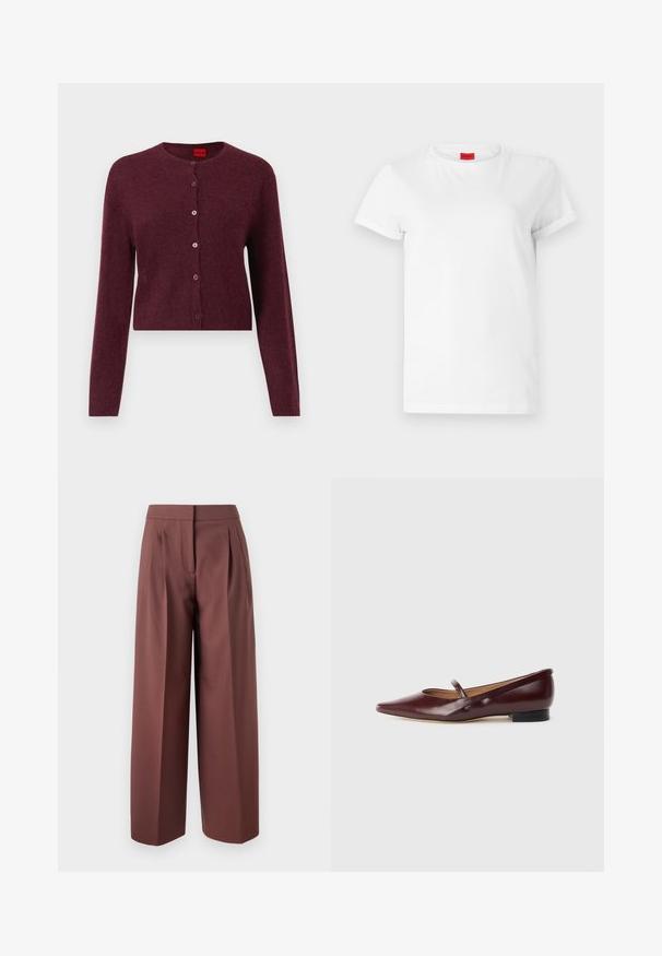 Bordeaux cropped cardigan lavet af blødt stof, med en rund halsudskæring og seks matchende knapper foran. Lange ærmer.; Hvid kortærmet t-shirt lavet af letvægts bomuld. Har en rund halsudskæring og rullede ærmer. Rød logoetiket på kraven.; Brune vide bukser med høj talje, der har plissee foran, skræddersyet design og en glat stofstruktur.; Burgundyrød patenteret lædersko med spids tå og en dekorativ rem over vristen. Har en lav sort hæl.