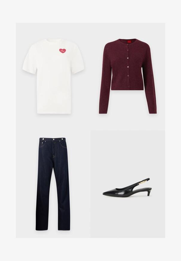 Bordeaux cropped cardigan gemaakt van zachte stof, met een ronde hals en zes bijpassende knopen aan de voorkant. Lange mouwen.; Witte katoenen t-shirt met een roze hartvormige graphic en het woord "Hugs" in cursief. Korte mouwen en een ontspannen pasvorm.; Donkerblauwe jeans met rechte pijpen, voorzakken, knoopsluiting en zichtbare contrasterende stiknaden op een effen lichte achtergrond.; Zwarte leren slingback hakken met een spitse neus, voorzien van een slanke hak en een goudkleurige accent op de verstelbare band. Gladde textuur.