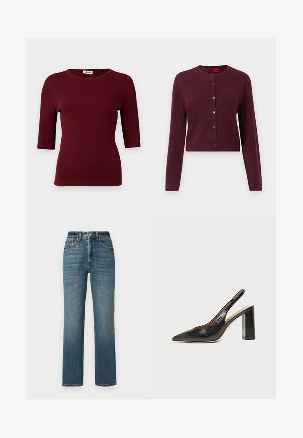 Cardigan court bourgogne en tissu doux, avec un col rond et six boutons assortis sur le devant. Manches longues.; T-shirt bordeaux côtelé à manches courtes, col rond et coupe ajustée. Texture lisse avec des détails de coutures discrètes aux coutures.; Jean droit taille haute en denim bleu, avec un léger effet délavé, cinq poches et une fermeture par bouton.; Chaussure slingback en cuir noir à bout pointu avec un talon bloc et un petit logo sur le côté, sur un fond blanc uni.