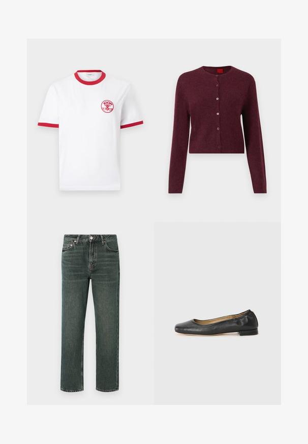 Cardigan court bourgogne en tissu doux, avec un col rond et six boutons assortis sur le devant. Manches longues.; T-shirt blanc à manches courtes avec col et bordures de manches rouges, avec un petit logo circulaire rouge "JOOP! Jeans" sur la poitrine gauche.; Jean en denim vert foncé à coupe droite, présentant un design classique à cinq poches, des coutures visibles et une fermeture à bouton à la taille.; Ballerines en cuir noir avec un bout arrondi et des coutures minimales. Talon bas et rectangulaire avec une texture lisse. Détails subtils de doublure intérieure.