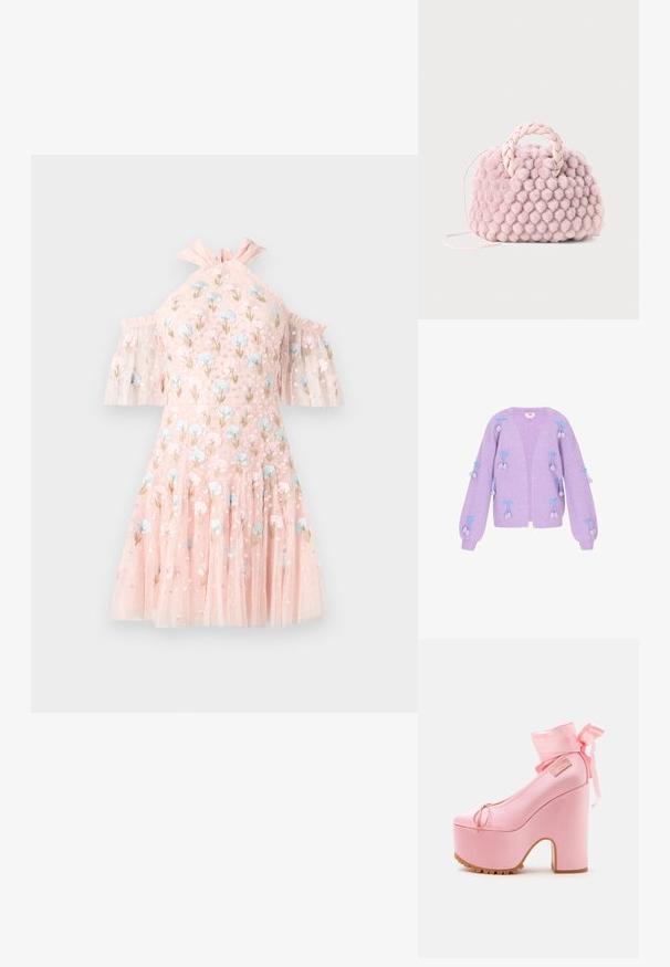 Gilet en tricot lavande avec des manches ballon, orné de nœuds bleus et de pompons. Ouvert à l'avant et texture côtelée sur l'ensemble.; Robe courte rose avec manches épaules dénudées, ornée de broderies florales bleues et roses, tissu en tulle transparent à couches, et encolure à volants.; Chaussure à talon haut à plateforme rose avec talon bloc épais, rubans autour de la cheville noués en nœud et semelle crantée.; Sac à main en pompon rose texturé avec une poignée tressée et une fine sangle. Forme ronde, surface douce, design compact.