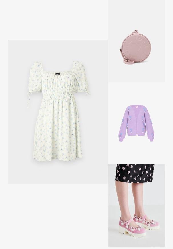 Cárdigan de punto lavanda con mangas globo, que presenta un lazo azul y acentos de pompones. Con apertura frontal y textura acanalada por todo el tejido.; Vestido blanco con estampado floral azul, escote cuadrado, mangas abullonadas elásticas, cintura fruncida y dobladillo a la altura de la rodilla. Tejido ligero.; Zapatos Mary Jane de terciopelo rosa con suelas de plataforma blancas, adornados con aplicaciones florales y detalles de encaje alrededor de la apertura y la correa del tobillo.; Bolso de cuero rosa redondo con texto en relieve y diseño de corazón, que cuenta con una correa desmontable y una textura suave.