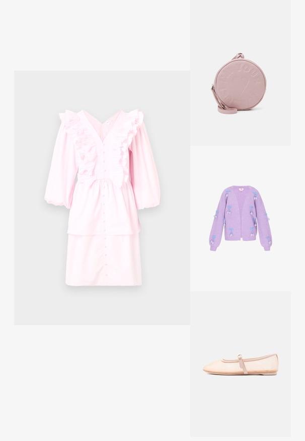 Cárdigan de punto lavanda con mangas globo, que presenta un lazo azul y acentos de pompones. Con apertura frontal y textura acanalada por todo el tejido.; Vestido de algodón rosa con escote en V, acentos con volantes en el cuello, mangas largas y un frente abotonado con un diseño en capas.; Zapato plano beige claro con punta puntiaguda y una sola correa con hebilla lateral, mostrado sobre un fondo blanco liso.; Bolso de cuero rosa redondo con texto en relieve y diseño de corazón, que cuenta con una correa desmontable y una textura suave.