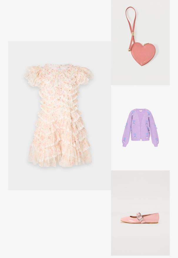 Lavendel strikket cardigan med ballonærmer, med blå sløjfe og pom-pom detaljer. Åben front og ribbet tekstur gennem hele.; Blomstermønstret kjole i pastelfarvet pink og crème, med lagdelte flæser og blonder detaljer. Korte puffærmer og en rund halsudskæring.; Lyserøde patentlæder balletflade sko med firkantet tå, spænde detalje og flad gummisål. Glat tekstur hele vejen igennem.; Lyserød hjerteformet lædermøntpose med håndledsrem og guldlås, mærket med lille gyldent "Furla"-tekst.