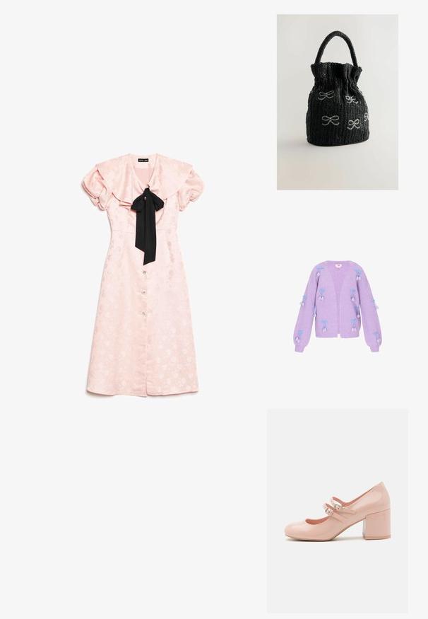 Laventeli neulottu neuletakki, jossa on suuret hihat, sininen nauha ja pompomsisustukset. Avoin etuosa ja ribbitekstuuri kauttaaltaan.; Vaaleanpunainen kukallinen midi-mekko puffihöyhenillä, suurennettu kaulus, edessä napit ja musta solmuke kaulan ympärillä.; Vaaleanpunaiset patenttilaadusta valmistetut korkeakorkoiset kengät, joissa on pyöreä kärki, kaksi säädettävää solkikiinnitystä ja paksu, läpinäkyvä lohkokorko.; Musta helmillä varustettu käsilaukku, jossa on rypytetty yläosa, hopeiset nauha koristeet ja pyöreä kahva. Kankainen pinta, jossa on ryhdikäs muoto.